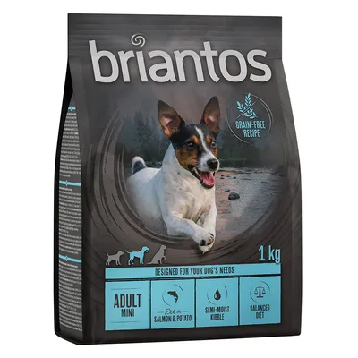 Briantos Adult Mini, 1 кг, беззърнена рецепта, с много сьомга и картоф, полувлажна суха храна, балансирано хранене.