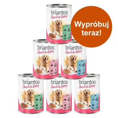 Zestaw 6 puszek Briantos Chunks in Gravy 415 g, widoczne warianty Adult Lamb & Carrots oraz Adult Salmon & Carrots. Napis na okręgu: Wypróbuj teraz!