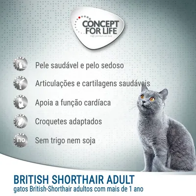 Concept for Life British Shorthair Adult: pele saudável, pelo sedoso, articulações e cartilagens saudáveis, apoia função cardíaca, croquetes adaptados, sem trigo nem soja.