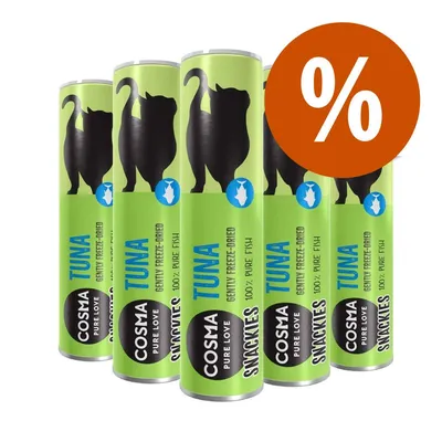 COSMA PURE LOVE SNACKIES TUNA, GENTLY FREEZE-DRIED, 100% PURE FISH – balení šesti tub s oranžovým symbolem procenta