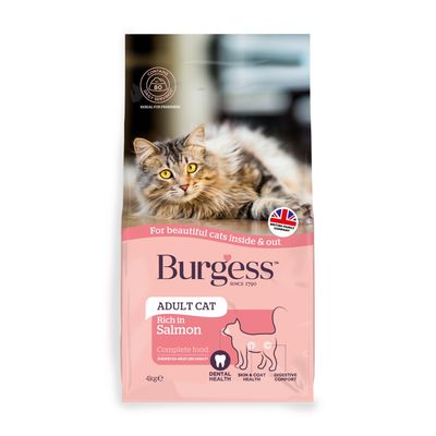 Burgess adult cat food, rich in salmon, complete food. Features include dental health, skin and coat health, digestive comfort. 4kg pack. Suitable for adult cats. Resealable for freshness.