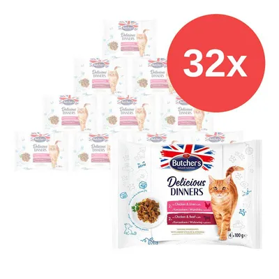 Butcher's Delicious Dinners per gatti, confezione da 32 bustine. Sulla confezione: pollo e fegato, pollo e manzo, 4x100g. Immagine di un gatto arancione e bandiera UK visibile.