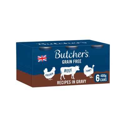 Butcher's Grain Free Recipes in Gravy with Chicken, Beef and Turkey, 6 cans of 400g each.