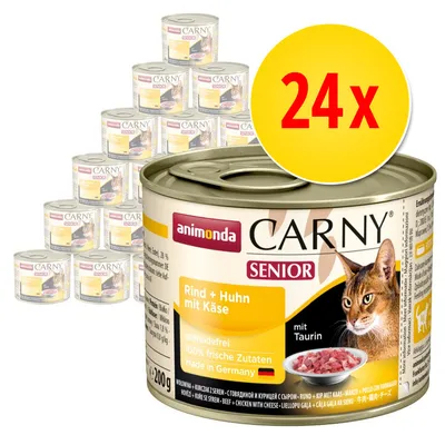 Animonda Carny Senior kissanruoka, 24 x 200 g. Rind + Huhn mit Käse, viljaton, 100 % frische Zutaten, Made in Germany, mit Taurin. Pakkauskuva useista säilyketölkeistä. Animonda Carny Senior kissanruoka, 24 x 200 g. Rind + Huhn mit Käse, viljaton, 100 % frische Zutaten, Made in Germany, mit Taurin. Pakkauskuva useista säilyketölkeistä.