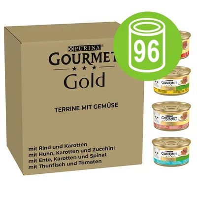Scatola Purina Gourmet Gold Terrine mit Gemüse, 96 lattine. Gusti visibili: manzo e carote, pollo con carote e zucchine, anatra con carote e spinaci, tonno con pomodori.