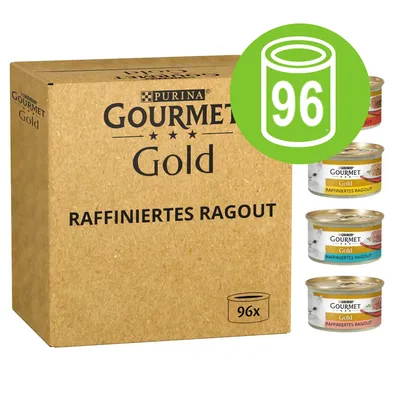 Scatola Purina Gourmet Gold Raffiniertes Ragout, 96x. Tre lattine visibili con etichette di diversi colori e scritta Gourmet Gold Raffiniertes Ragout.