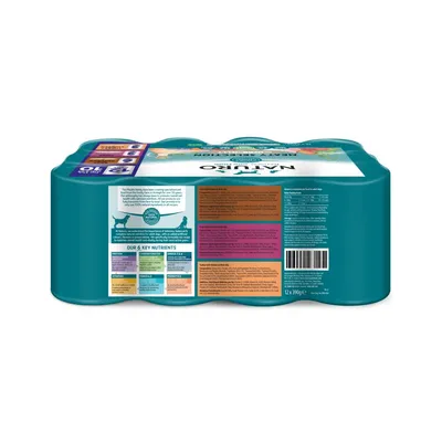 Back of pet food multipack showing feeding guide, nutritional information, ingredients list, and barcode. Key nutrients and benefits are highlighted in coloured sections.