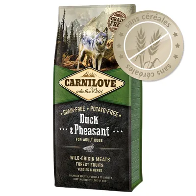 Sac Carnilove into the Wild Duck & Pheasant pour chiens adultes, sans céréales, sans pommes de terre, viandes d’origine sauvage, fruits des bois, légumes et herbes. Texte en anglais. Sac Carnilove into the Wild Duck & Pheasant pour chiens adultes, sans céréales, sans pommes de terre, viandes d’origine sauvage, fruits des bois, légumes et herbes. Texte en anglais.