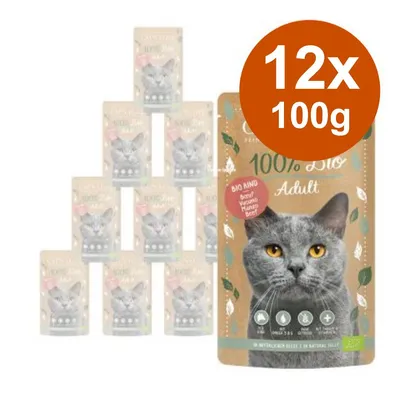 Confezione da 12 buste da 100 g di cibo per gatti Cats Love 100% Bio Adult, visibile testo 'Bio Rind', immagine di un gatto grigio sulla confezione.
