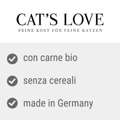 CAT'S LOVE. con carne bio, senza cereali, made in Germany. Testo aggiuntivo in tedesco: FEINE KOST FÜR FEINE KATZEN.