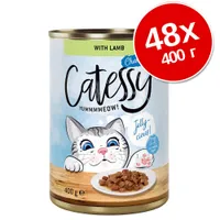 Консервы Catessy с ягненком, 48×400 г. На упаковке изображена тарелка с кусочками в желе и надписи: WITH LAMB, Jelly-cious!, 400 g.