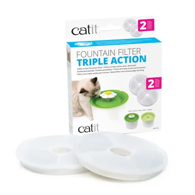 Catit fountain filter triple action pack with two round white filters shown. Packaging displays a drinking fountain and states '2 pack' for use in specific fountain models.