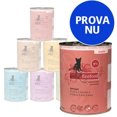 Flera burkar catz finefood våtfoder för katt, olika smaker. Stor burk med texten 'Getügel', 'CLASSIC', 'N°3'. Blå cirkel med vit text: PROVA NU.