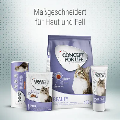 Concept for Life Beauty. Maßgeschneidert für Haut und Fell. Produktlinie für ausgewachsene Katzen: Trockenfutter 400g, Nassfutter 85g, Beauty Cubes 75g, Beauty Paste 75g.