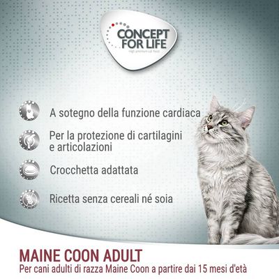 Concept for Life. A sostegno della funzione cardiaca, protezione di cartilagini e articolazioni, crocchetta adattata, ricetta senza cereali né soia. Maine Coon Adult.