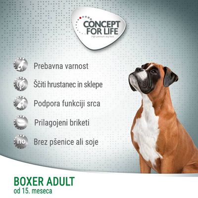 CONCEPT FOR LIFE. Prebavna varnost, ščiti hrustanec in sklepe, podpora funkciji srca, prilagojeni briketi, brez pšenice ali soje. BOXER ADULT od 15. meseca.