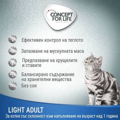 Concept for Life Light Adult. Ефективен контрол на теглото, запазване на мускулната маса, предпазване на хрущялите и ставите, балансирани хранителни вещества, без соя. За котки над 1 година.