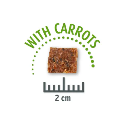 Prigrizek s korenjem, velikost 2 cm. Besedilo: 'With carrots'.