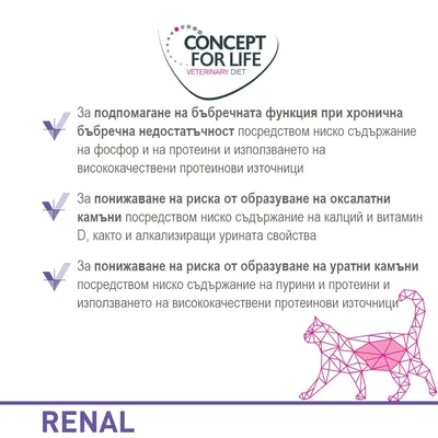 Concept for Life Veterinary Diet. За подпомагане на бъбречната функция при хронична бъбречна недостатъчност, понижаване на риска от оксалатни и уратни камъни. RENAL.