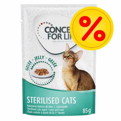 Kapsička Concept for Life Sterilised Cats 85 g, želé. Nápis STERILISED CATS, obrázek kočky a porce krmiva. Žlutý symbol procenta v červeném kruhu.
