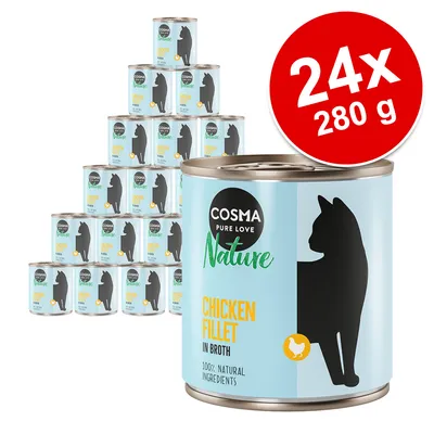 Cosma Pure Love Nature Chicken Fillet in Broth, 24 x 280 g dåser. Tekst: 100% natural ingredients. Kattefoder med kyllingefilet i bouillon.