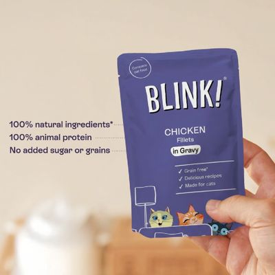 BLINK! CHICKEN Fillets in Gravy, 100% natural ingredients, 100% animal protein, no sugar or grain, grain-free, delicious recipes, for cats.