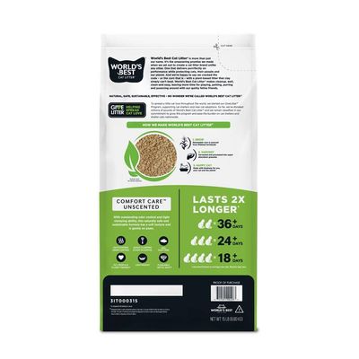 Bag showing Comfort Care Unscented cat litter, odour control, clumping, flushable, plant-based, septic safe. Lasts over 36 days for one cat, 24 days for two cats, 18 days for three cats.