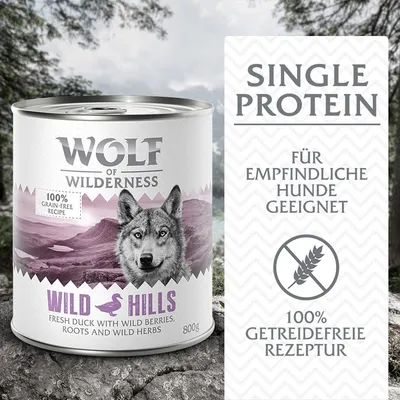 Wolf of Wilderness Wild Hills, canard frais avec baies sauvages, racines et herbes, 800g. 100% grain-free recipe. Single protein. 100% getreidefreie rezeptur. Für empfindliche Hunde geeignet.