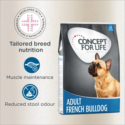 Concept for Life Adult French Bulldog food, developed with veterinarians and nutrition experts. Features tailored breed nutrition, muscle maintenance, and reduced stool odour. Concept for Life Adult French Bulldog food, developed with veterinarians and nutrition experts. Features tailored breed nutrition, muscle maintenance, and reduced stool odour.