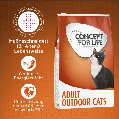 Concept for Life Adult Outdoor Cats. Maßgeschneidert für Alter & Lebensweise, optimale Energiezufuhr, Unterstützung der natürlichen Abwehrkräfte. Entwickelt mit Tierärzten und Ernährungsexperten.