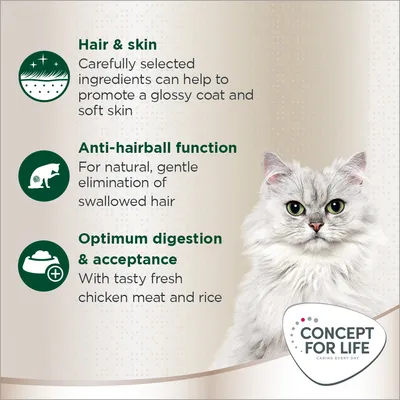 Hair and skin: promotes glossy coat and soft skin. Anti-hairball function: gentle elimination of swallowed hair. Optimum digestion: with fresh chicken meat and rice.