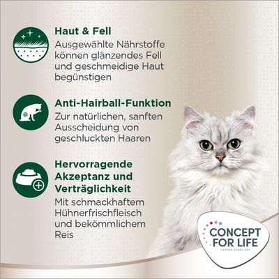 Concept for Life. Haut & Fell: Ausgewählte Nährstoffe für glänzendes Fell und geschmeidige Haut. Anti-Hairball-Funktion: Sanfte Ausscheidung von Haaren. Hervorragende Akzeptanz mit Hühnerfleisch und Reis.