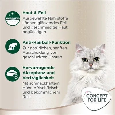 Concept for Life. Haut & Fell: Ausgewählte Nährstoffe für glänzendes Fell und geschmeidige Haut. Anti-Hairball-Funktion: Sanfte Ausscheidung von Haaren. Hervorragende Akzeptanz mit Hühnerfleisch und Reis.