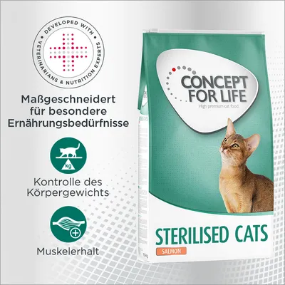 Concept for Life Sterilised Cats Salmon. Maßgeschneidert für besondere Ernährungsbedürfnisse, Kontrolle des Körpergewichts, Muskelerhalt. Entwickelt mit Tierärzten und Ernährungsexperten.