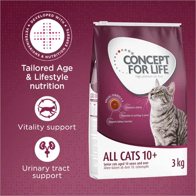 CONCEPT FOR LIFE ALL CATS 10+ hrana za starije mačke, 3 kg. Tekst: Tailored Age & Lifestyle nutrition, Vitality support, Urinary tract support, Senior cats aged 10 years and over. CONCEPT FOR LIFE ALL CATS 10+ hrana za starije mačke, 3 kg. Tekst: Tailored Age & Lifestyle nutrition, Vitality support, Urinary tract support, Senior cats aged 10 years and over.