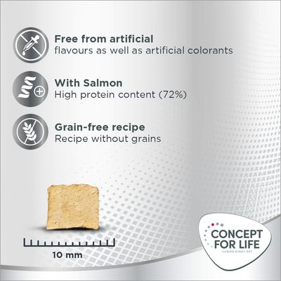 Free from artificial flavours and colourants, with salmon high protein content 72%, grain-free recipe. Concept for Life logo. Biscuit piece shown with 10 mm scale.