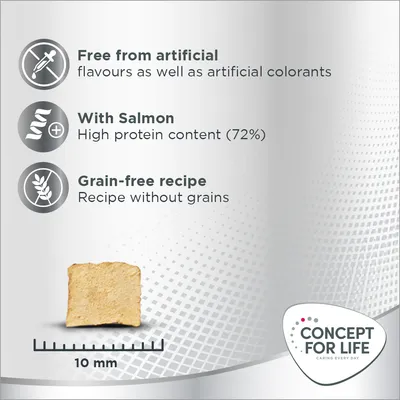 Free from artificial flavours and colourants, with salmon high protein content 72%, grain-free recipe. Concept for Life logo. Biscuit piece shown with 10 mm scale.