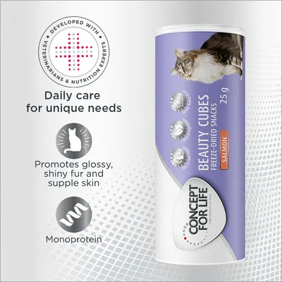 Concept for Life Beauty Cubes Freeze-Dried Snacks Salmon 25g. Developed with veterinarians & nutrition experts. Promotes glossy, shiny fur and supple skin. Monoprotein. Daily care for unique needs.
