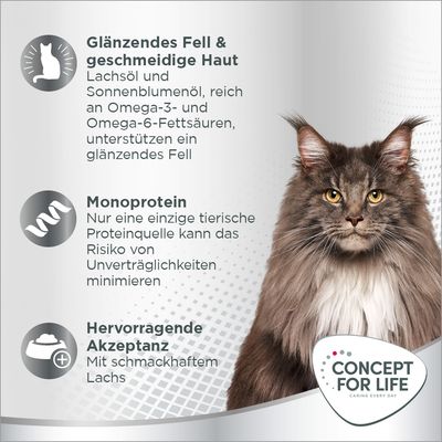 Concept for Life: Glänzendes Fell durch Omega-3 und -6, Monoprotein minimiert Unverträglichkeiten, hervorragende Akzeptanz mit schmackhaftem Lachs.