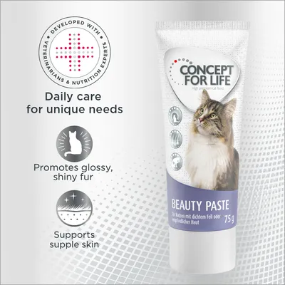 Beauty Paste 75g for daily care, promotes glossy shiny fur and supports supple skin. Developed with veterinarians and nutrition experts. Suitable for dense fur or sensitive skin.