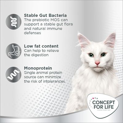 Text: Stable Gut Bacteria, Low fat content, Monoprotein. Concept for Life caring every day. Prebiotic MOS, single animal protein source, low fat content benefits described.