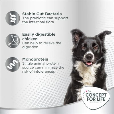 Concept for Life. Stable Gut Bacteria: The prebiotic can support the intestinal flora. Easily digestible chicken: Can help to relieve the digestion. Monoprotein: Single animal protein source.