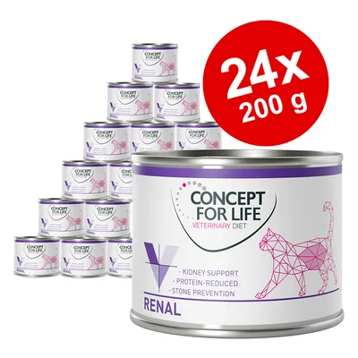 24 conserve a câte 200 g Concept for Life Veterinary Diet Renal pentru pisici, text vizibil: Kidney Support, Protein-Reduced, Stone Prevention. 24 conserve a câte 200 g Concept for Life Veterinary Diet Renal pentru pisici, text vizibil: Kidney Support, Protein-Reduced, Stone Prevention.