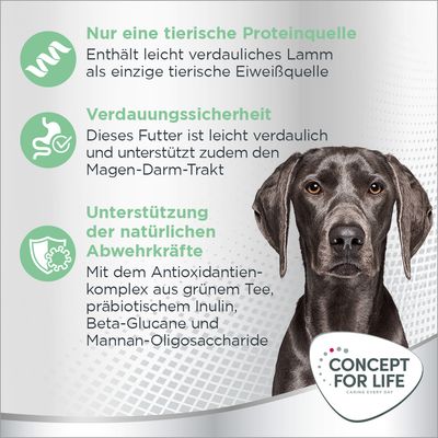 Concept for Life. Nur eine tierische Proteinquelle: leicht verdauliches Lamm. Verdauungssicherheit: unterstützt Magen-Darm-Trakt. Natürliche Abwehrkräfte: Antioxidantien-Komplex.
