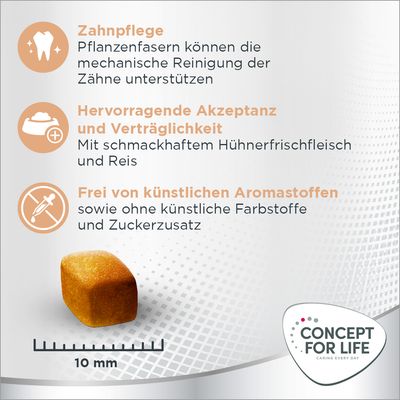 Zahnpflege durch Pflanzenfasern, hervorragende Akzeptanz mit Hühnerfrischfleisch und Reis, frei von künstlichen Aromastoffen, Farbstoffen und Zuckerzusatz. Grösse: 10 mm. Concept for Life.