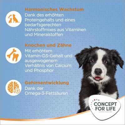 Harmonisches Wachstum durch Protein und Nährstoffmix, Knochen und Zähne mit Vitamin D3, Gehirnentwicklung dank Omega-3-Fettsäuren. Concept for Life Logo sichtbar.