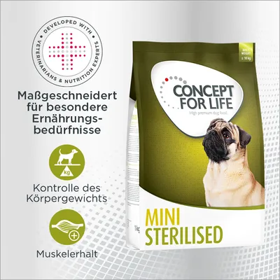 Concept for Life Mini Sterilised, massgeschneidert für besondere Ernährungsbedürfnisse. Kontrolle des Körpergewichts und Muskelerhalt. Entwickelt mit Tierärzten und Ernährungsexperten.