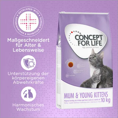 Concept for Life Mum & Young Kittens, 10 kg. Maßgeschneidert für Alter & Lebensweise, Unterstützung der Abwehrkräfte, harmonisches Wachstum. Für trächtige/säugende Katzen und Kitten bis 4 Monate. Concept for Life Mum & Young Kittens, 10 kg. Maßgeschneidert für Alter & Lebensweise, Unterstützung der Abwehrkräfte, harmonisches Wachstum. Für trächtige/säugende Katzen und Kitten bis 4 Monate.