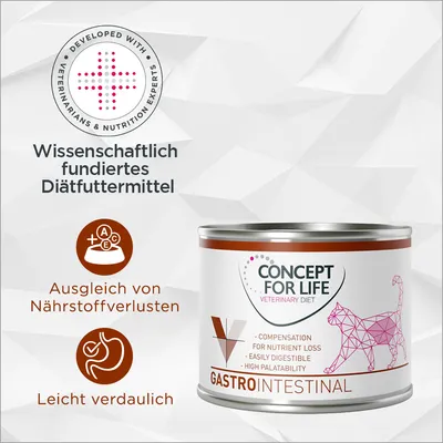 Concept for Life Gastro Intestinal. Wissenschaftlich fundiertes Diätfuttermittel, Ausgleich von Nährstoffverlusten, leicht verdaulich.
