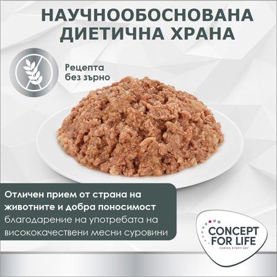 CONCEPT FOR LIFE консервирана храна, научно обоснована диетична храна, рецепта без зърно, висока приемливост и добра поносимост благодарение на висококачествени месни съставки.